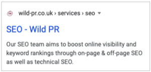 Wild PR on-site SEO snippet on Google