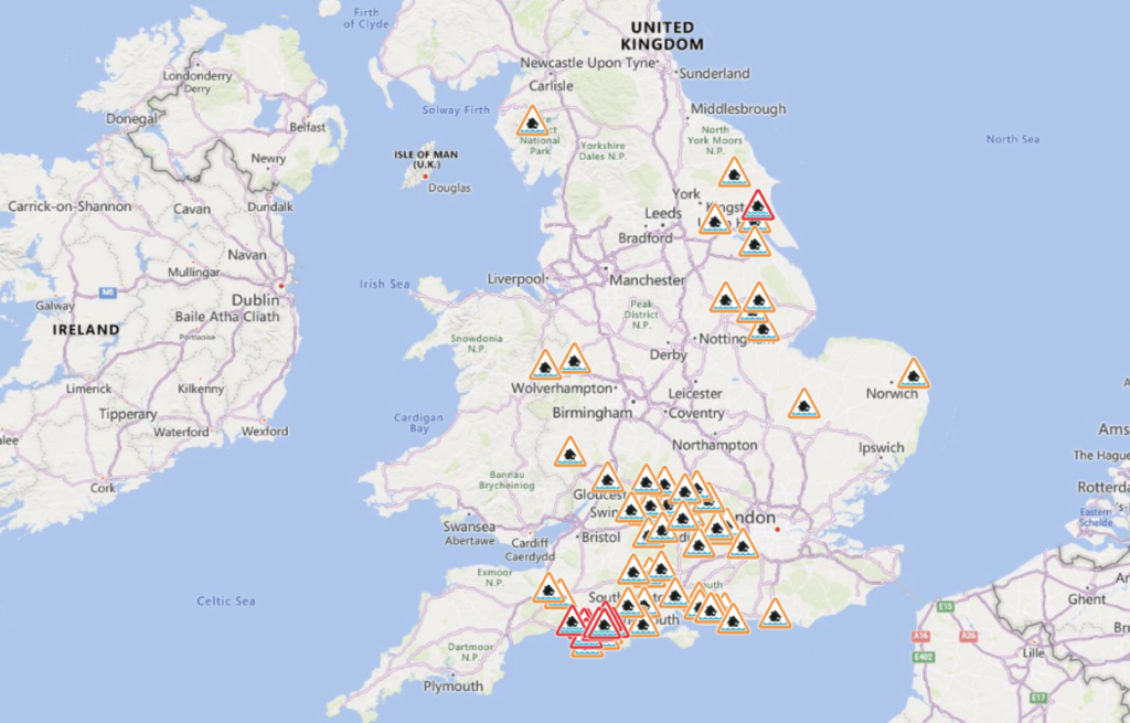 Map showing 30 live flood warnings and alerts in Wessex and 11 in West Midlands as of Monday 18th December. 